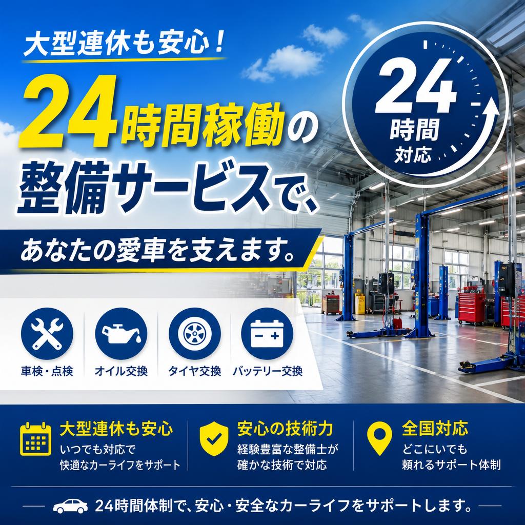 大型連休も安心！24時間稼働の整備サービスで、あなたの愛車を支えます。