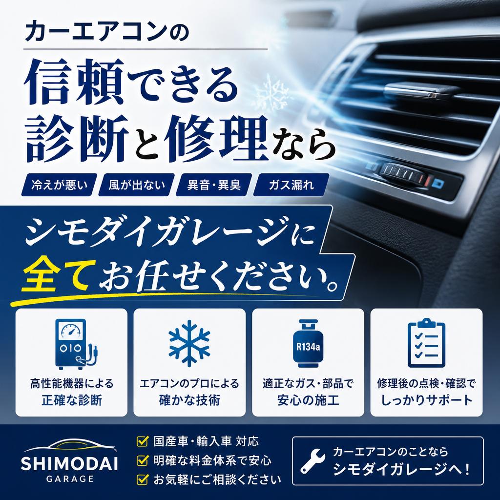 カーエアコンの信頼できる診断と修理ならシモダイガレージに全てお任せください。